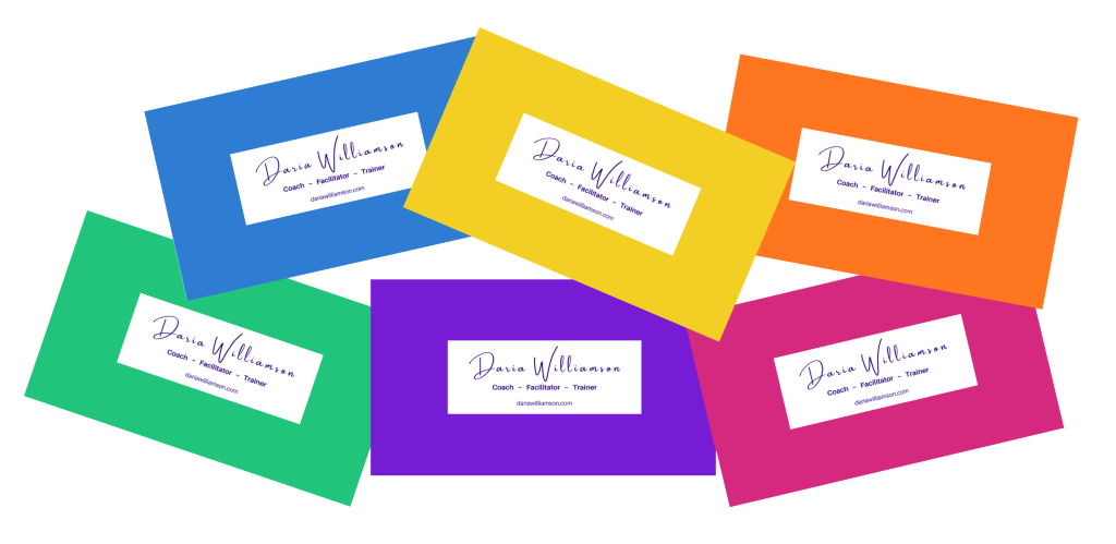 An image of six card designs in the colours of The Strengths Deck groups, with the Daria Williamson logo in the centre.
