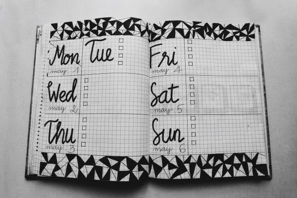 white and black weekly diary planner on gray surface