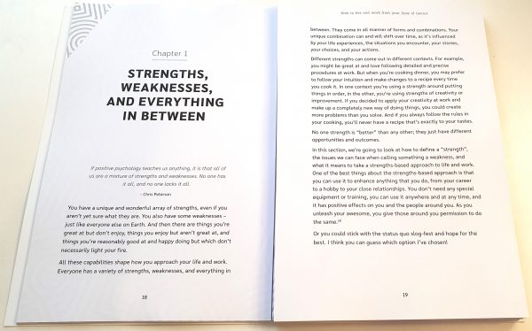 A photograph of a two-page spread from Unleash Your Awesome. The pages visible are the first two pages of Chapter 1 'Strengths, Weaknesses, and Everything In Between'.