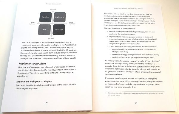 A photograph of a two-page spread from Unleash Your Awesome. The pages visible are from Chapter 10 'Create and Implement Your Personal Strengths Playbook'.