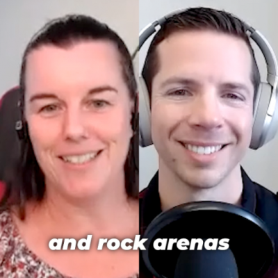 Screenshot from a video, with two faces side by side. On the left is a woman (Daria Williamson), and on the right is a man (Zach White). They are smiling at the camera. There is a subtitle at the bottom which says "and rock arenas" in bold white text.