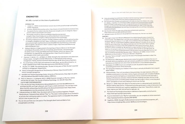 A photograph of a two-page spread from Unleash Your Awesome. The pages visible are the first two pages of the Endnotes section.