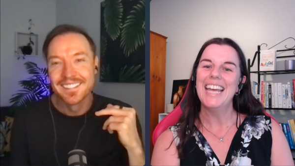 A screenshot of two side-by-side videos. The host is on the left; he is a brown-haired man wearing a black shift, smiling at the camera. The guest is a brown-haired woman, wearing a black and white top, smiling and with her mouth slightly open as she gets ready to speak.