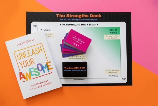 A photo of 'Unleash Your Awesome' book, with The Strengths Deck cards and box, and Strengths Deck Matrix, on an orange and pink background